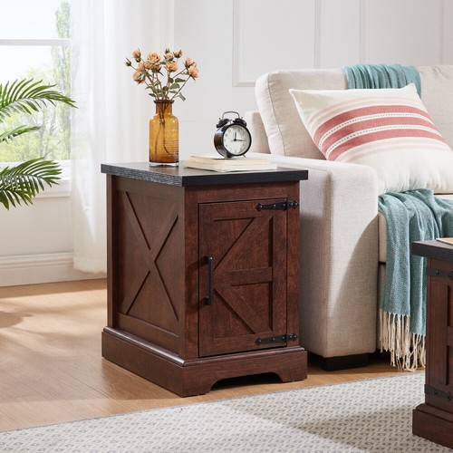 OAK Farmhouse End Table Nightstand Rectangular Farmhouse End Table w/ Barn Door - Bild 6 von 16