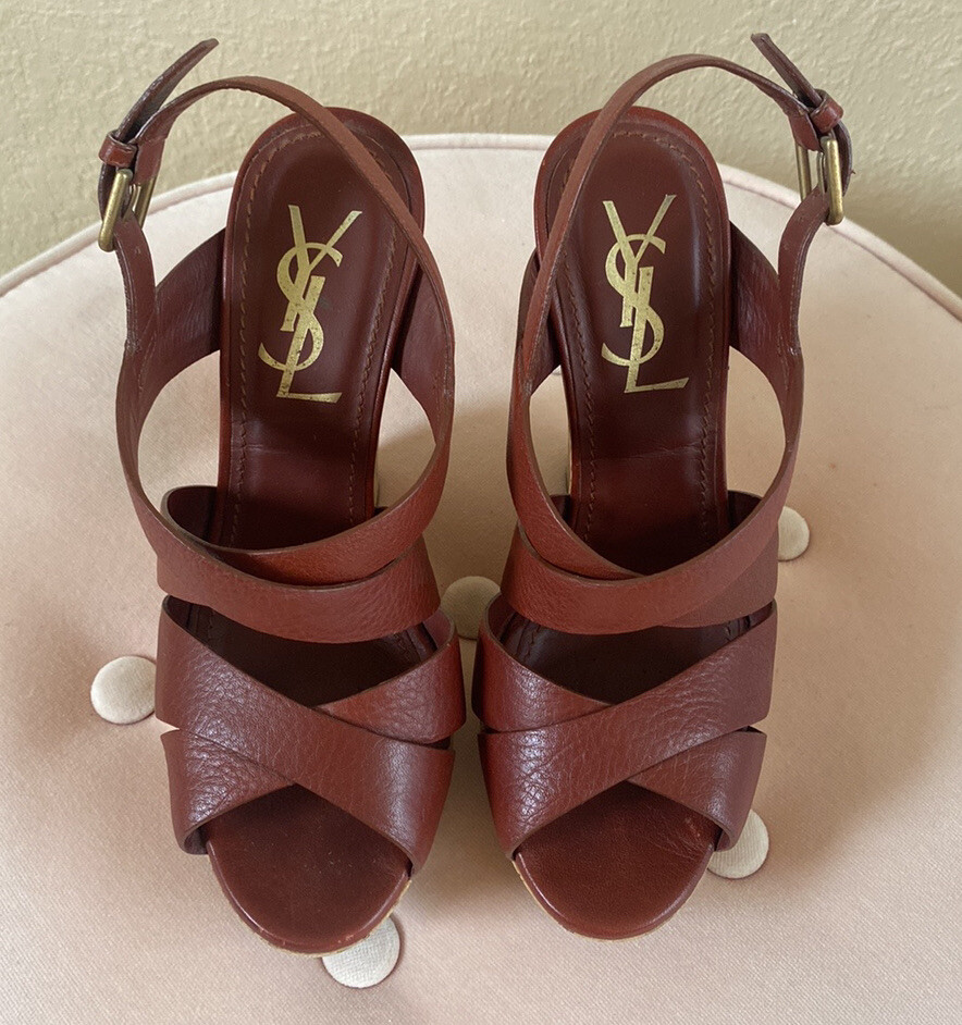 SAINT LAURENT Sandali Deauville marroni tacco a zeppa YSL Deauville $695 taglia US 6 EU 36