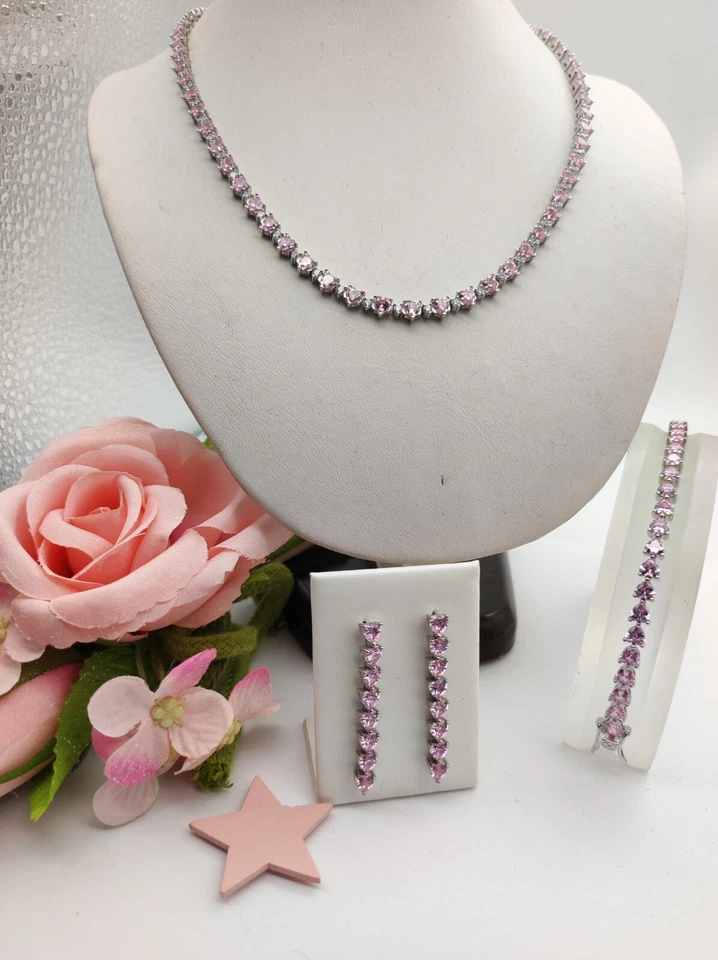 Collana donna Tennis. collana con  Cuori rosa argento 925 Placcata oro bianco - Immagine 2 di 4