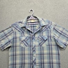 VINTAGE Rustler By Wrangler Men Button Up Shirt XL Blue Plaid Western Pearl Snap