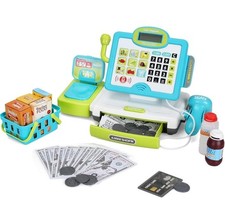Pretend & Play Calculator Cash Register Blue Set with Basket, Food, Money