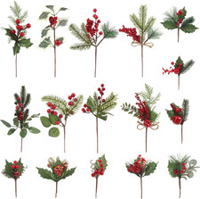 Artificial Red Berry Picks - 16 Pack Pine Branches for Holiday Decor
