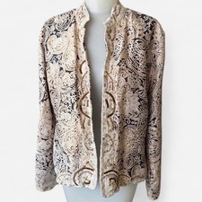 Chico's Silk Jacket Navy Blue Paisley Embroidered Beaded Boho Ornate Size 1 Med