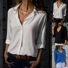 Damen V-Neck Knopf T-Shirt Tops Tunika Langar...