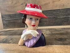 Red Hat Society Lady Ceramic Head Vase Retro Planter 1940s Style