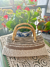 OFF-WHITE AND BEIGE HANDBAG/PURSE w/  BAMBOO  HANDLES -  HANDMADE - PRADA STYLE