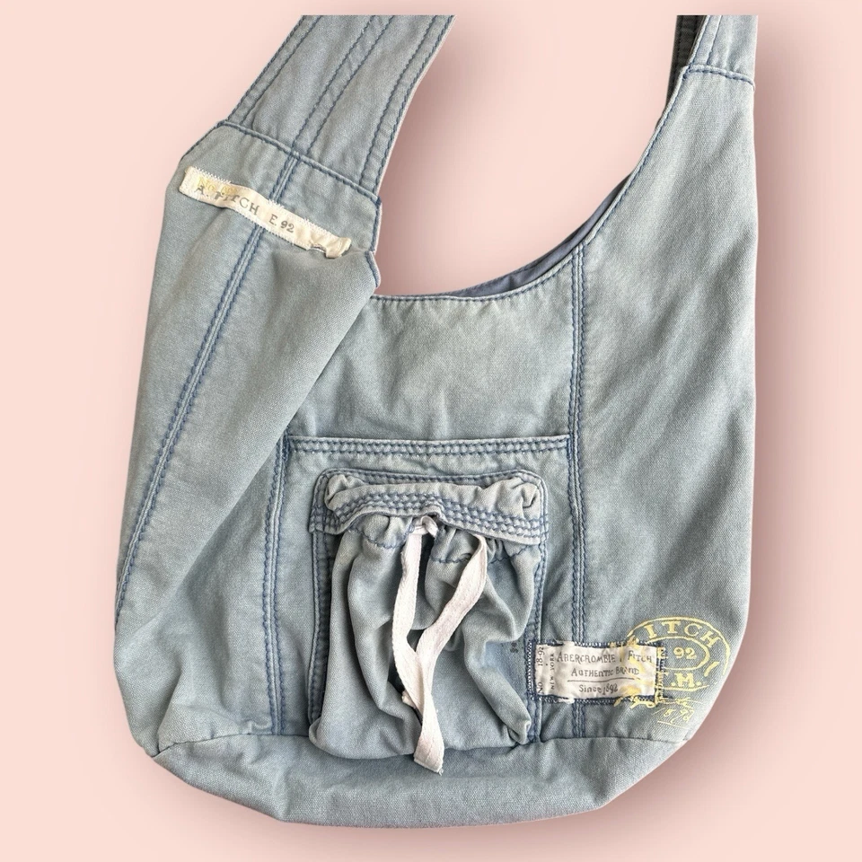 RARO De Colección Y2K Abercrombie & Fitch Bolso Mensajero de Lona Bandolera Cartera Azul Grande Foto 3 de 4