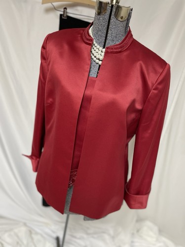 Kasper Pant Suit Size 18 Three Piece Set Red Embellished Shine Black Side Zip - Picture 21 of 24