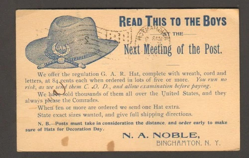 1898 POST CARD, G.A.R.  BINGHAMTON, N.Y.  HAT OFFER