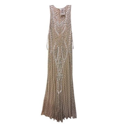Primavera Couture Beaded Gown Nude Silver White Formal Dress Size 22 Art Deco