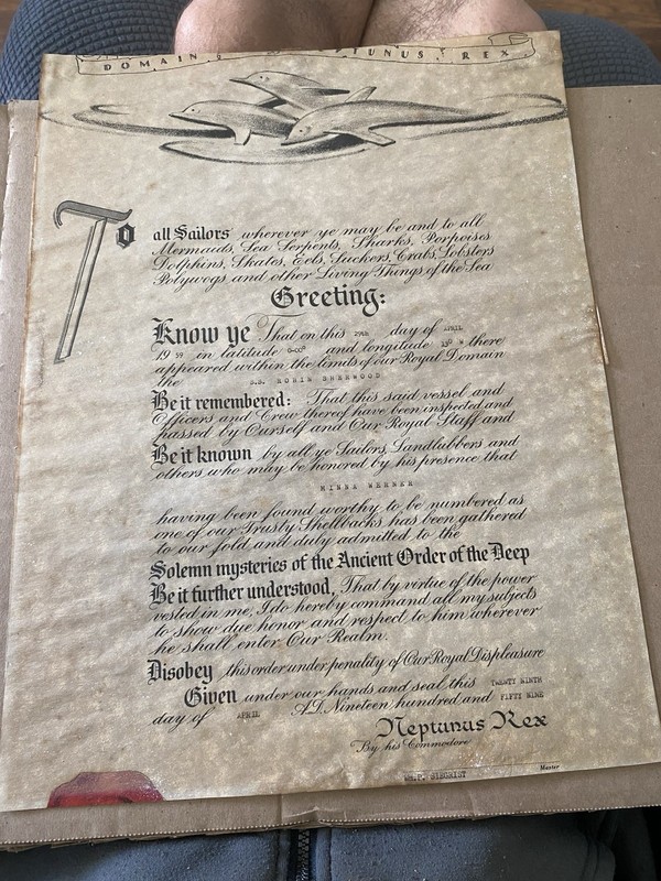 Vintage 1959 Equator Crossing Certificate - S.S. Robin Sherwood King Neptune