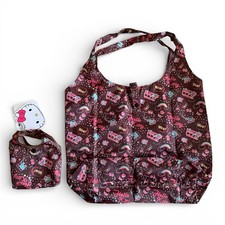 Sanrio Hello Kitty Foldable Reusable Shopping Tote Bag Brown Pink Hearts NWT