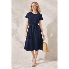 Talbots Navy Eyelet Lace Embroidery Midi Dress Coastal Hamptons Feminine SZ M
