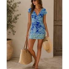 Lilly Pulitzer Blue Green Short Sleeve Mini Dress Women XS Beach Vacation Cruise