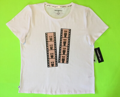 KARL LAGERFELD Women s Short Sleeve T-Shirt Paris LARGE White w/Blush, Black NEW
