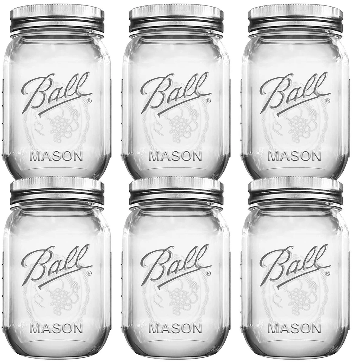 Set of 6 Ball Mason Jars 16oz Clear with Non Slip Opener & Lids