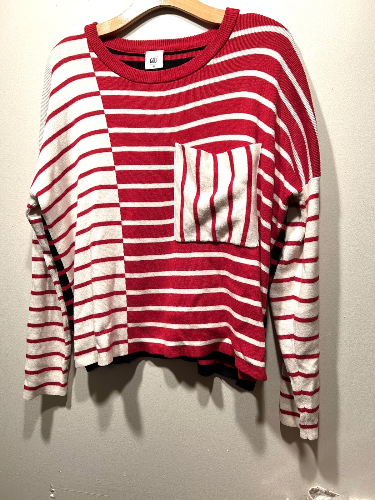 Cabi Mixed Stripe Red White Black Pocket Pullover Swe - Gem