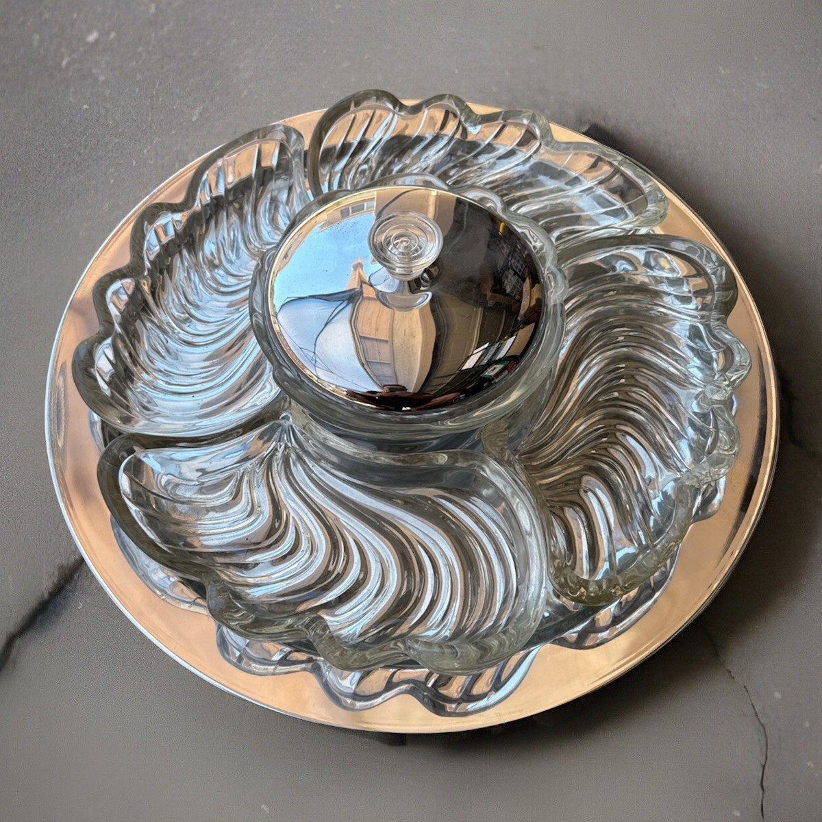Vtg Kromex Lazy Susan Rotating Party Revolving Glass 5-Dish