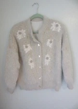 SUNG MO Gray Beaded Floral Applique Angora Blend L Cardigan Furry Long Sleeve