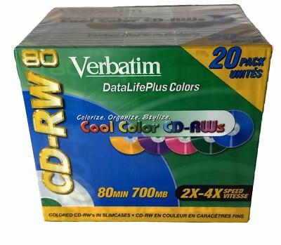 Verbatim CD-RW Discs 700MB  Slim Case Assorted Colors 20Pack  New Sealed (B8)