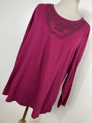 CJ Banks 1X Shirt Top Violet Purple Beaded Scoop Neck Long Sleeve Stretch H2