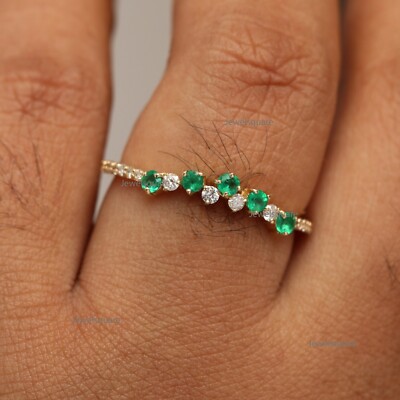 Zambian Emerald &Diamond Band Ring, Solid 14k Yellow Gold Alternate Fine Jewelry