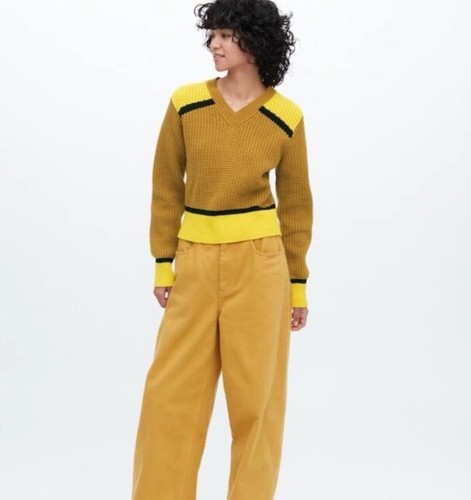MARNI Uniqlo Women Knitted V-Neck Long-Sleeve Sweater Beige/Yellow Size XL