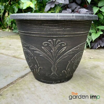Round Garden Decorative Planter Pot Outdoor Ornate Black Gothic 20cm Plant  Pots | eBay
