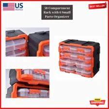 Heavy Duty 50 Compartment Rack Tool with 6 Small Bins Parts Storage Organizer