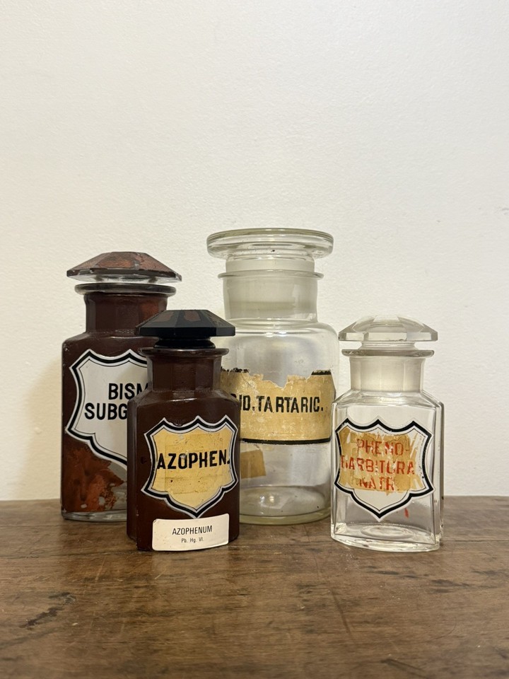 Antique Apothecary & Pharmaceutical Bottles Glass & Amber Set of 4