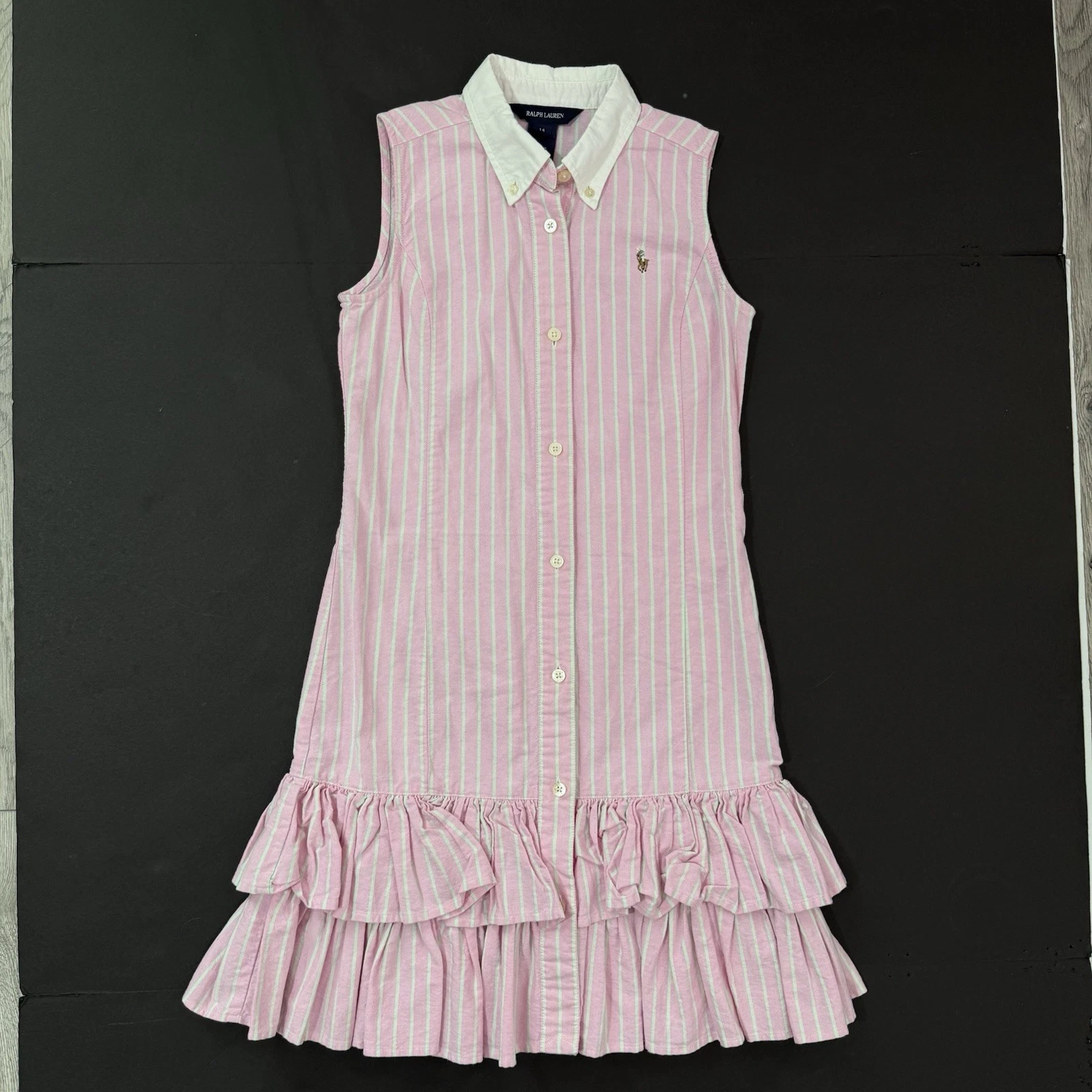 Ralph Lauren Ruffle Oxford Shirt Dress Girls 14 XL Pink White Stripe Button Up