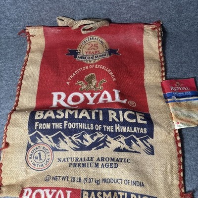 Royal Basmati Rice Burlap Bag 20lb Handles Zipper 25th Anniv No Rice
