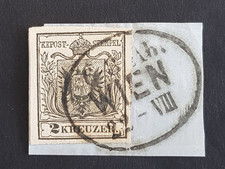 Wiedeńska seria znaczków, Müller 3214 az, fragment listu z 2 krążownikami, czarny, 1854