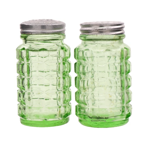 Depression Era Hazel Atlas Block Green Glass Shaker Set 3" Tall UV+