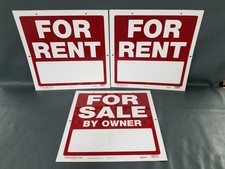 Lot 3 Hard Vinyl 17"x17" Signs 2 For Rent  For Sale By Owner Red / White USA