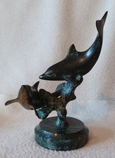 VINTAGE PAIR OF BRONZE  'SWIMMING' DOLPHINS, PLAYING UNDER THE SEA -(FIGURINE)