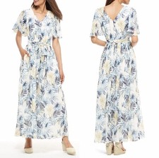 GAL MEETS GLAM Kiki Chiffon Flutter Sleeve Maxi Dress Leaf Size 12P Women’s
