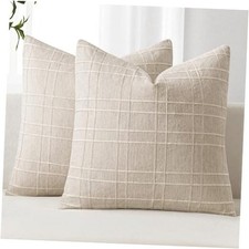 Decorative Linen Check Throw Pillow Covers 18" x 18" Pack of 2 Natural Beige