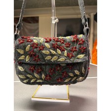 Vintage Flower Embroidered Hand/Shoulder Bag Purse Charcoal Gray Women's