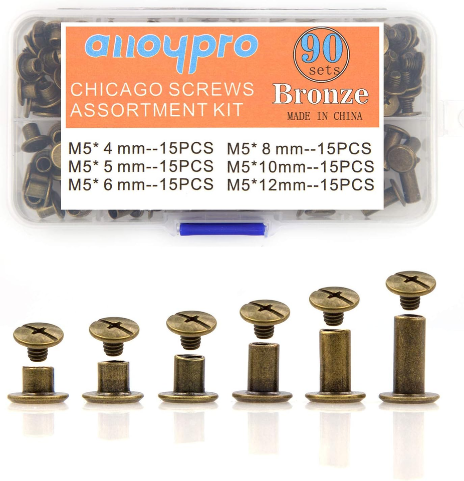 90 Sets Chicago Screws Assorted Kit 6 Sizes Bronze Leather Rivets 3/16 ...