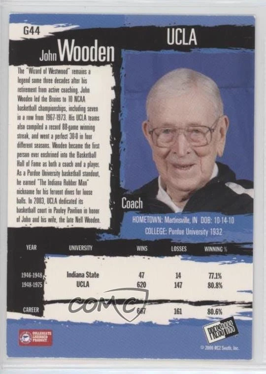 2006 Press Pass Gold John Wooden #G44 HOF - Image 2 of 2
