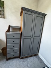 Pine Wood & Grey/blue Wardrobe, Chest Of Drawers & Bedside Table. VGC
