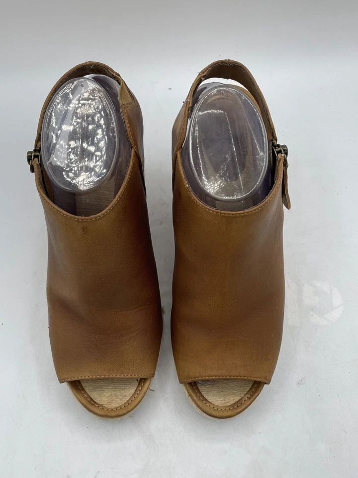 Ruff Hewn Wedge Heel Sandal Women's Sz 9 Brown Leather Side Zip Peep Toe - Image 4 of 4