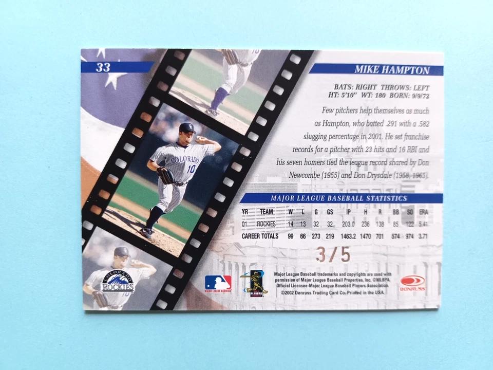 2002 DONRUSS STUDIO MIKE HAMPTON #33 THE NATIONAL EMBOSSED #3/5 COLORADO ROCKIES - Image 3 of 3