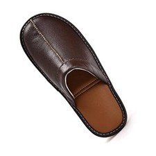 Men s Genuine Cowhide Leather Slippers, Breathable Leather Soft 10 Darkbrown