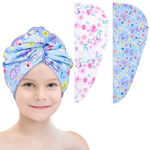Microfiber Hair Towel Wrap for Kids 2 Pack Rapid Drying Flower and Butterfly - Picture 1 of 6