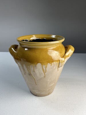 Primitive Brown Vase Drippy Glaze Vessel Handles Portugal Neto