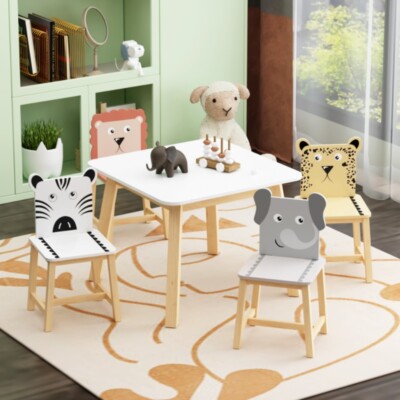 5Pcs Kiddy Table and Chair Set Kids Wood Table with 4 Chairs Set Cartoon Animals