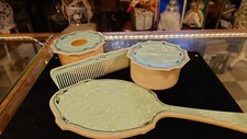 Vintage 4 Piece Celluloid Art Deco Vanity Set Brush Mirror Comb Powder Receiver