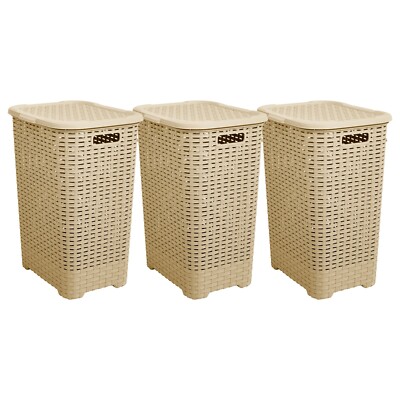 Large Plastic Wicker Laundry Hamper with Lid Beige (60 Liter) 3 Pack